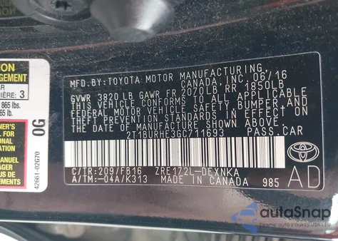 2016 Toyota Corolla Le z USA, uszkodzony, nr VIN 2T1BURHE3GC711693